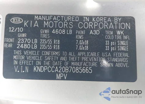 2011 Kia Sportage Ex z USA, uszkodzony, nr VIN KNDPCCA20B7085665